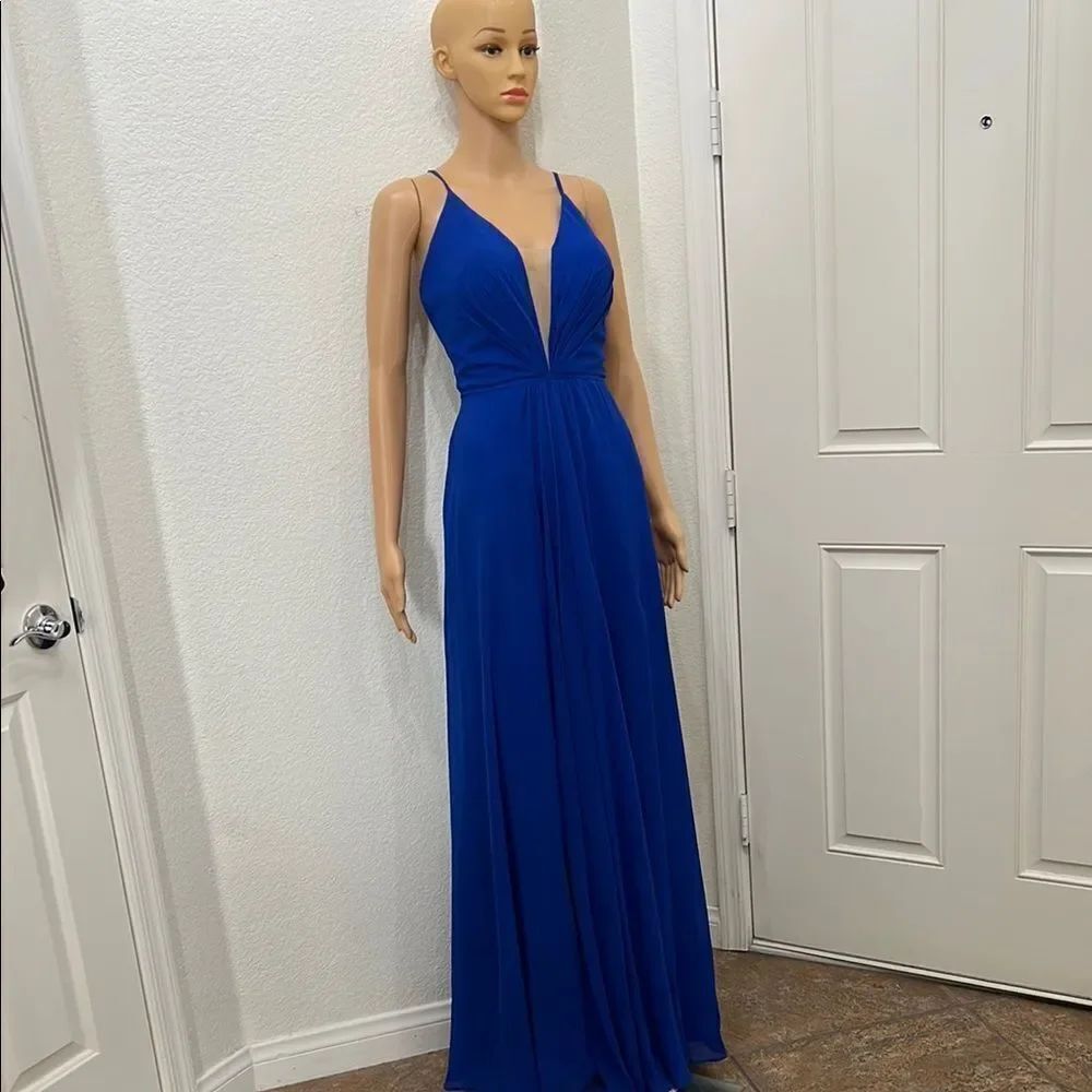 Betsy & Adam Blue Prom Gown Sz 8 VNeck Spaghetti Straps Tie Backless Pleated